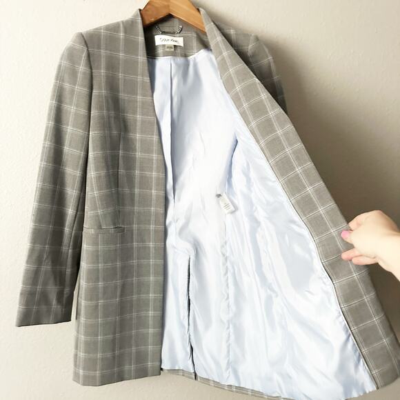 NWOT Calvin Klein Gray & Light Blue Windowpane Suiting Overcoat women’s size 2 - Picture 2 of 11
